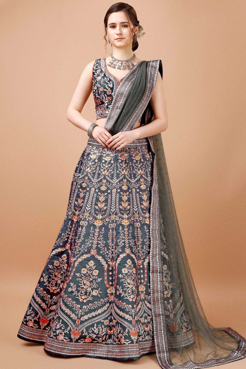 Satin Silk Printed Charcoal Grey Panelled Style Lehenga