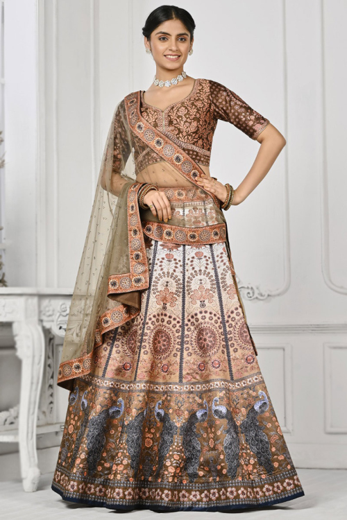 Satin Silk Printed Cream Panelled Style Lehenga