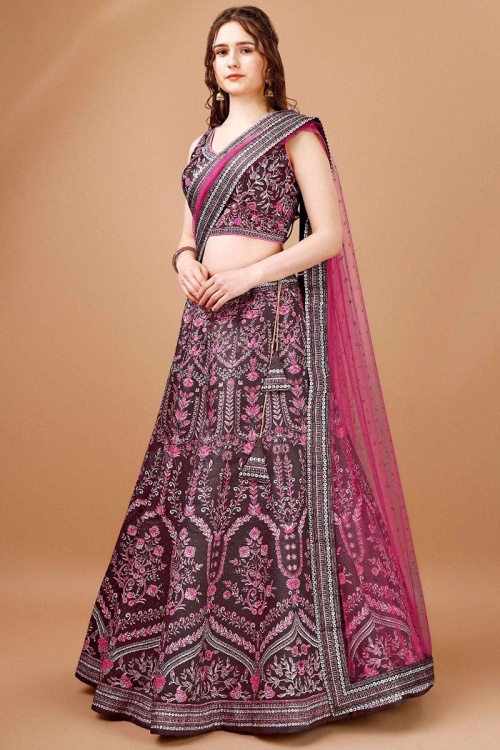 Satin Silk Printed Dark Brown Panelled Style Lehenga