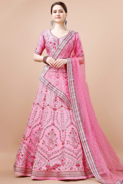Satin Silk Printed Light Pink Panelled Style Lehenga