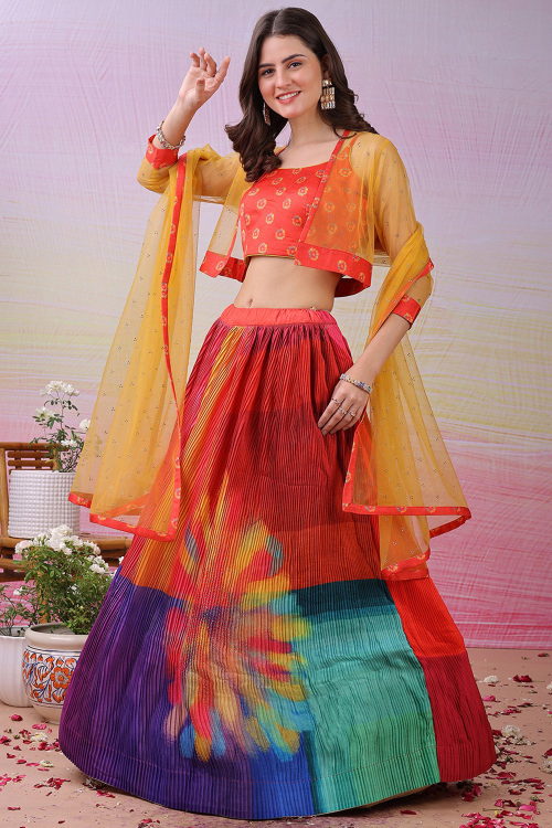 Satin Silk Salmon Orange Flared Lehenga With Printed Work