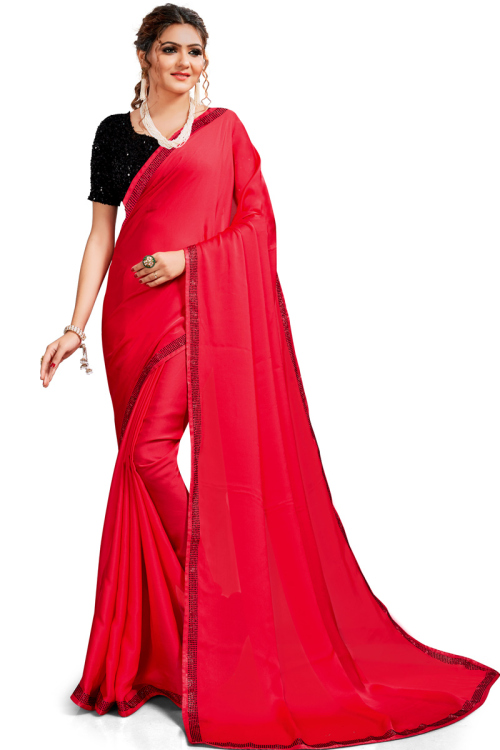 Satin Wedding Wear Saree In Red Color