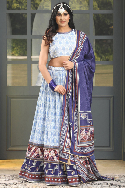 Satin White Printed Flared Lehenga