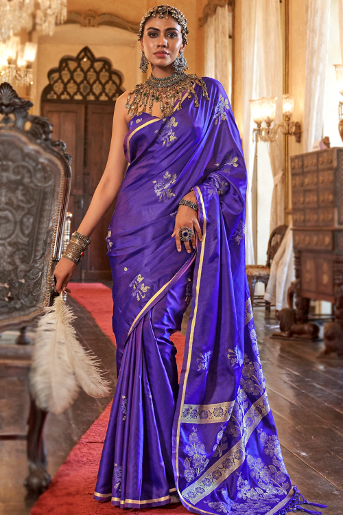 Satin Woven Zari Indigo Blue Festival Wear Saree