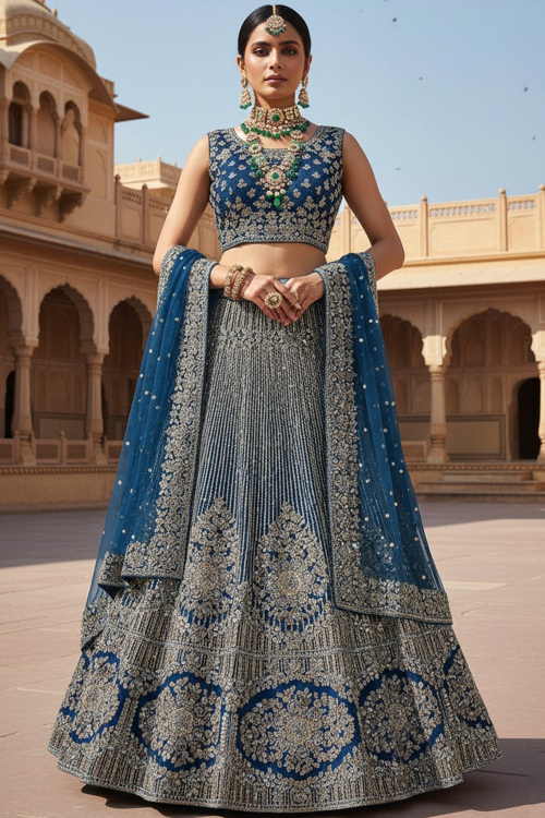 Sea Blue Art Silk A Line Lehenga With Sequins Work For Festival