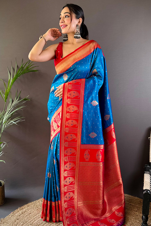 Sea Blue Art Silk Broad Border Saree With Weaved Work
