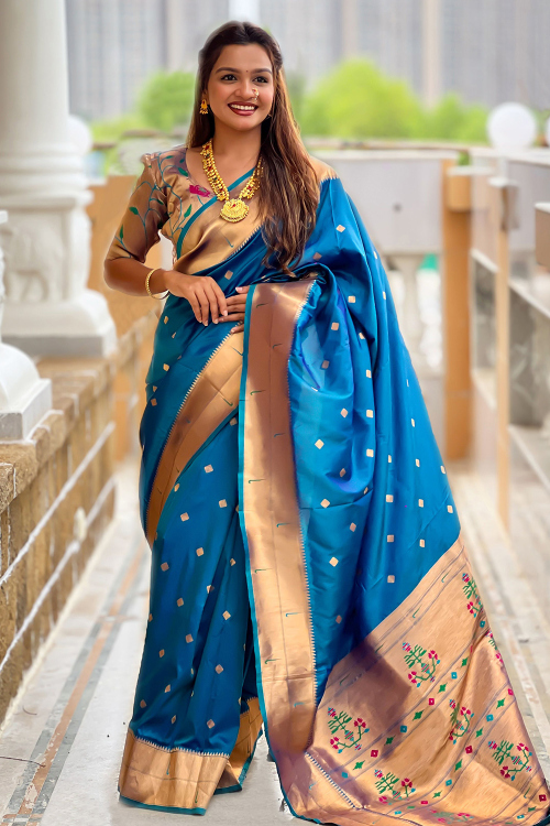 Sea Blue Art Silk Paithani Saree With Weaved Work For Festival 