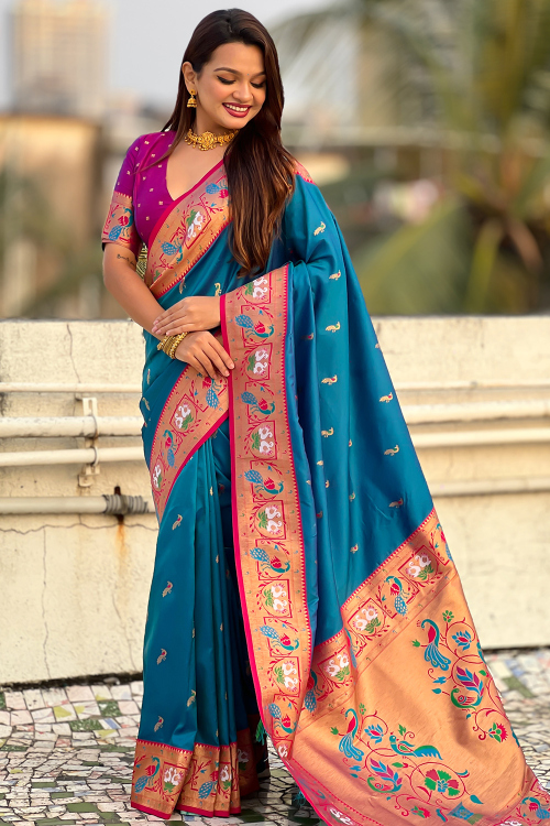 Sea Blue Art Silk Paithani Saree with Weaved Work For Wedding