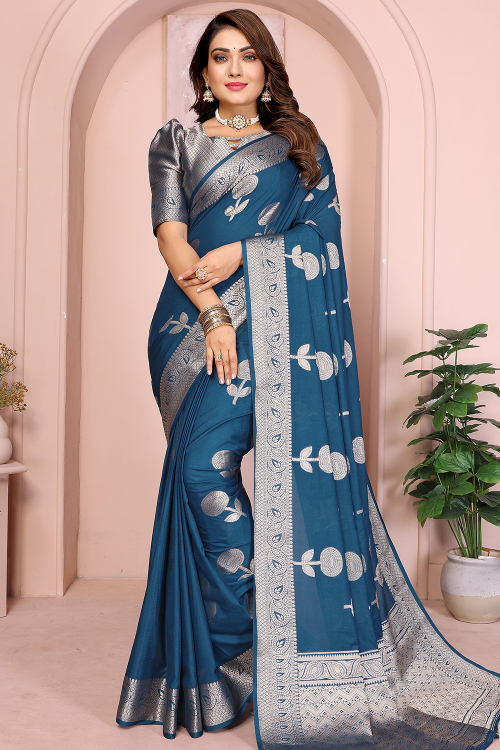 Sea Blue Art Silk Saree With Woven Zari Work 