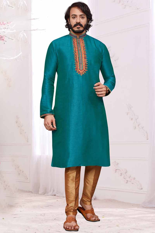 Sea Blue Art Silk Straight Cut Men Kurta Pajama