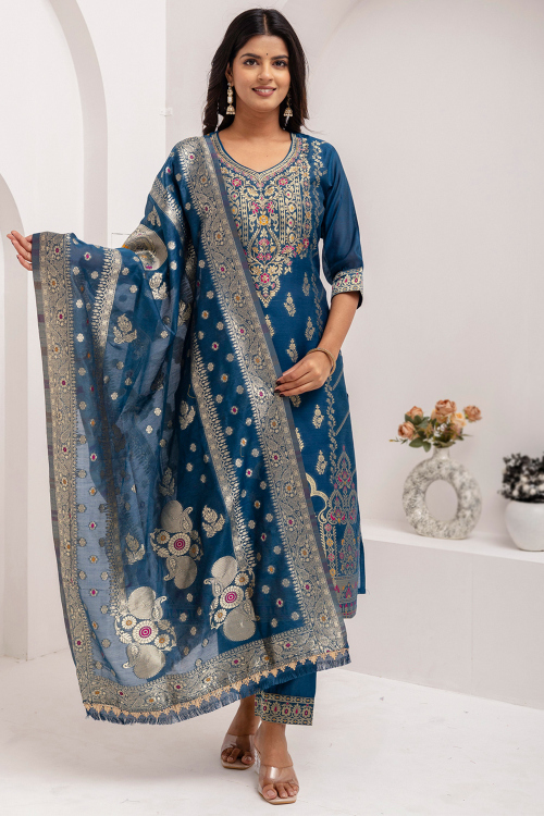 Sea Blue Art Silk Straight Cut Trouser Suit With Weaved Work 