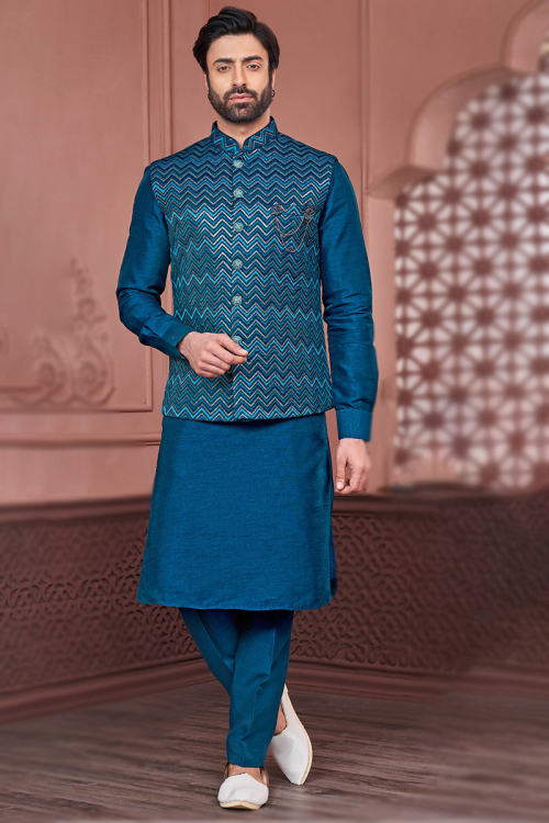 Sea Blue Art Silk Traditional Jacket Style Men's Kurta Pajama 