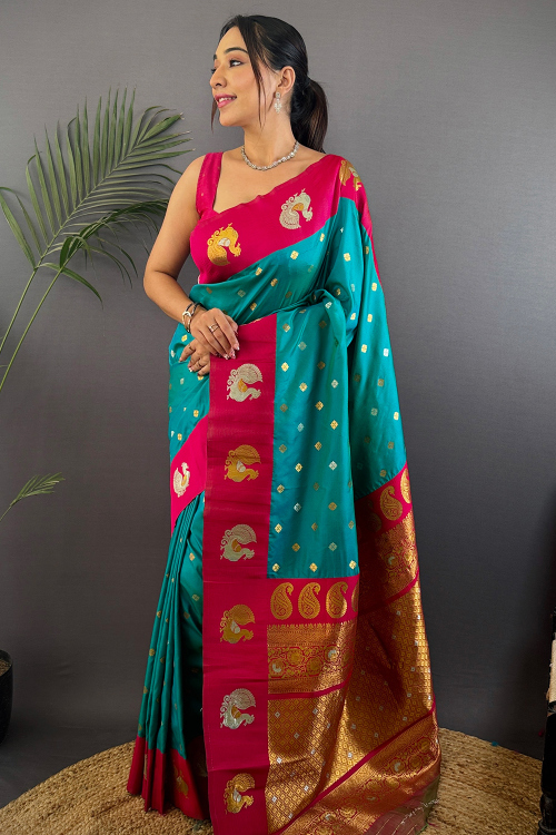 Sea Blue Art Silk Weaved Broad Border Saree