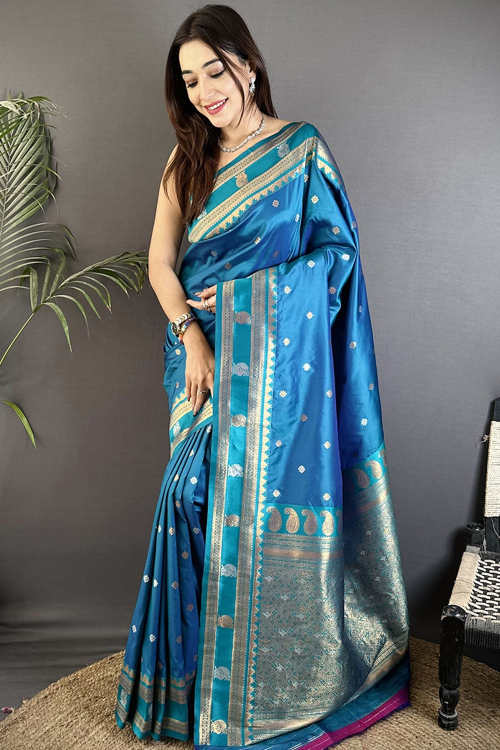 Sea Blue Art Silk Weaved Broad Border Saree