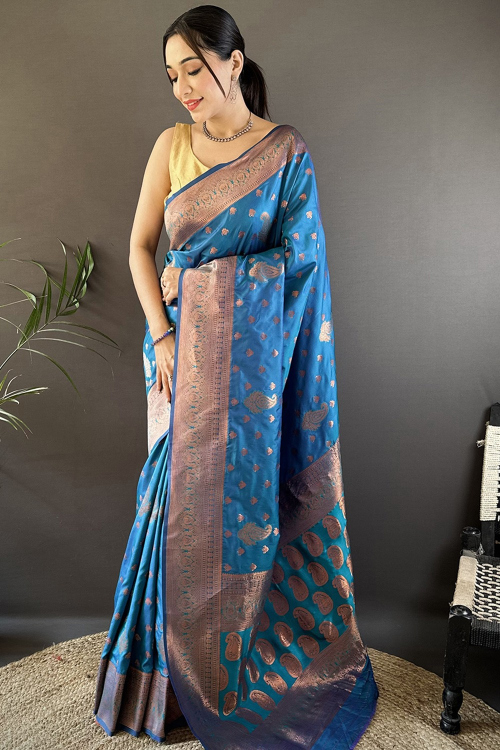 Sea Blue Art Silk Woven Zari Broad Border Saree