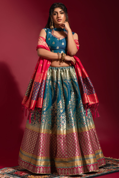 Wedding Wear Weaved Thread Work Lehenga in Banarasi Silk Sea Blue