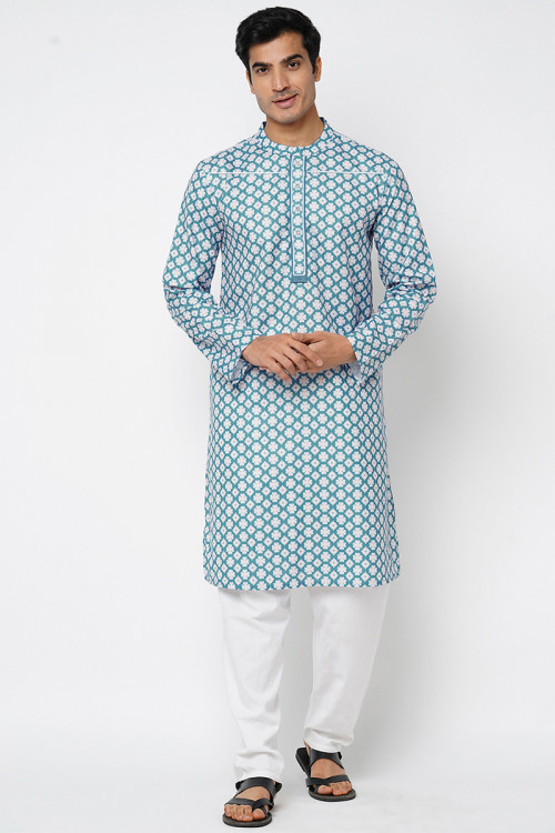 Sea Blue Casual Wear Printed Cotton Men's Kurta Pajama 