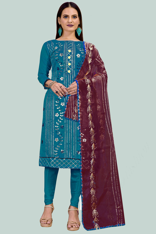 Sea Blue Chanderi Embroidered Churidar Suit
