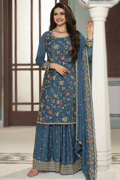 Sea Blue Chinnon Embroidered Wedding Wear Sharara Suit 