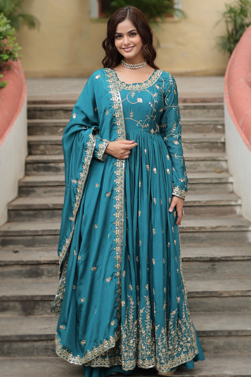Sea Blue Chinnon Resham Embroidered Ready Made Straight Cut Sharara Suit