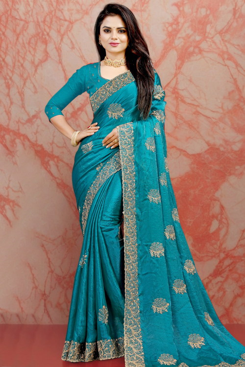 Sea Blue Chinnon Saree With Stone Work For Diwali
