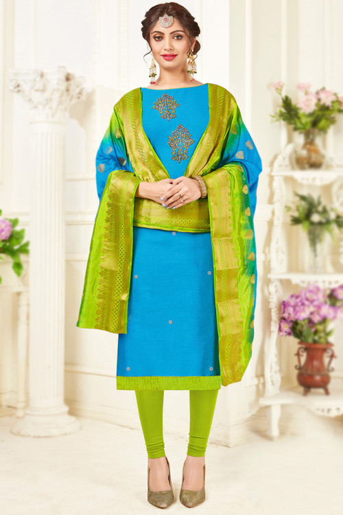 Sea Blue Cotton Embroidered Casual Wear Churidar Suit 