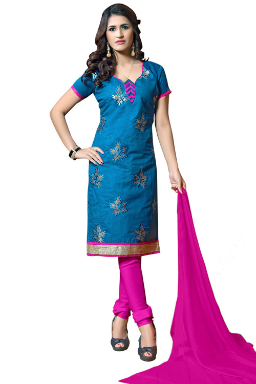 Sea Blue Cotton Embroidered Churidar Suit