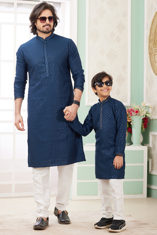 Sea Blue Cotton Silk Embroidered Father And Son Kurta Pajama