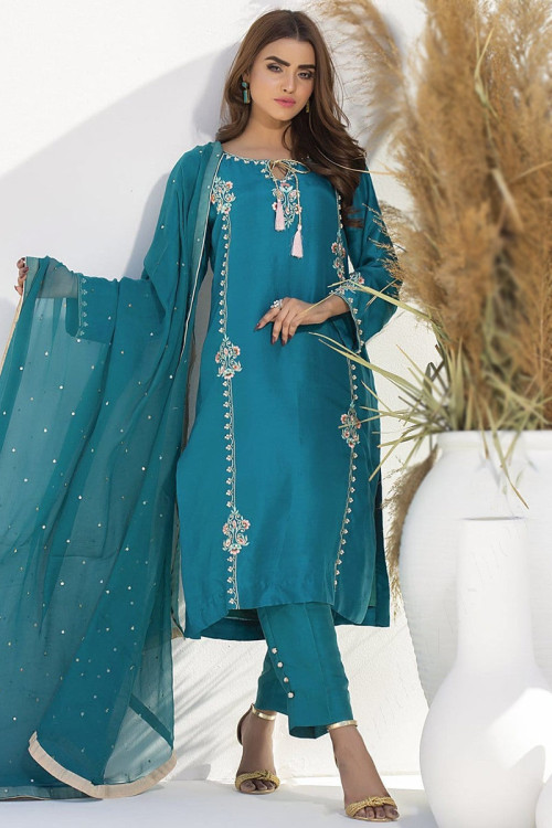 Sea Blue Cotton Silk Embroidered Trouser Suit