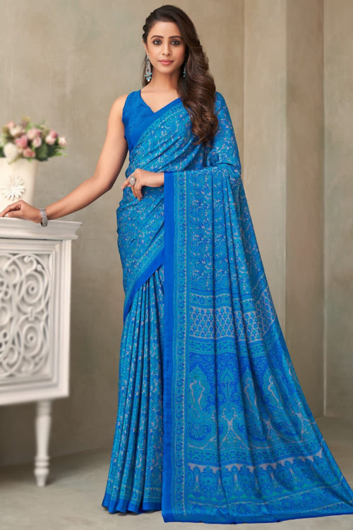 Saree for Party Wear in Crepe Sea Blue with Printed