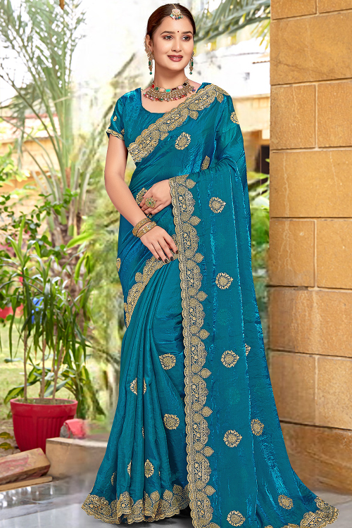 Sea Blue Embroidered Silk Blend Festive Wear saree