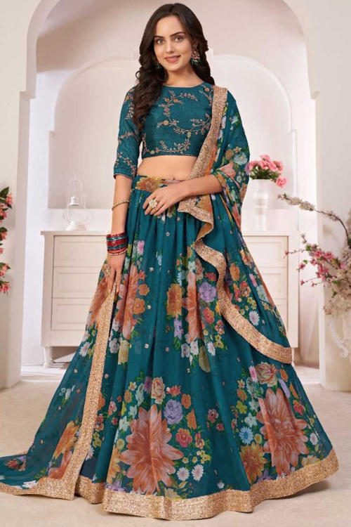 Sea Blue Georgette A-Line Lehenga