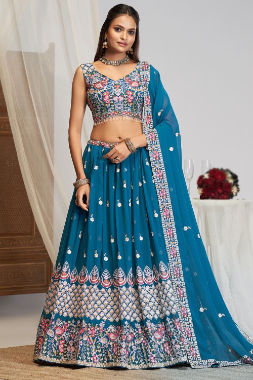 Sea Blue Georgette A Line Lehenga With Sequins Work for Festival 