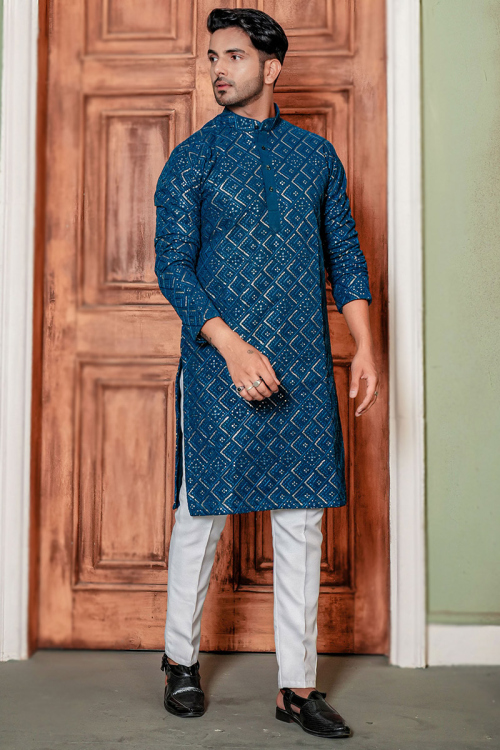 Sea Blue Georgette Embroidered Straight Cut Men's Kurta Pajama