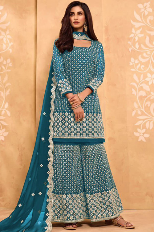 Light Gray Color Long Kurti with Sharara Pant and Pattern Throughout – Minu  Fashions