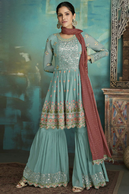Blue Faux Georgette Fancy thread Mirror Sharara dress. - New In - Indian