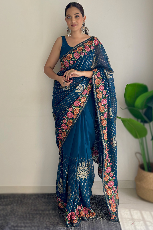 Sea Blue Georgette Light Weight Embroidered Saree
