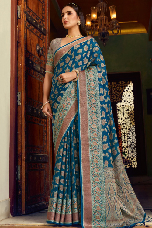 Sea Blue Georgette Weaved Saree for Diwali 