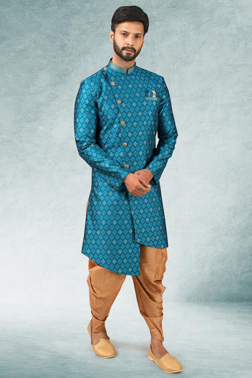 Sea Blue Jacquard Angrakha Men Sherwani
