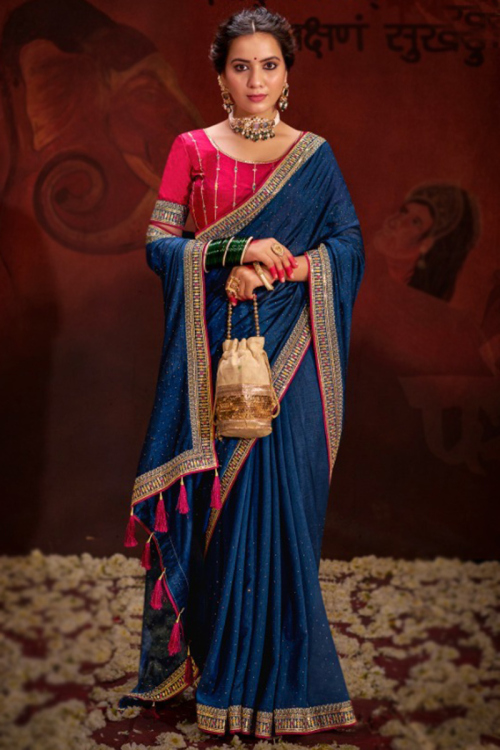Sea Blue Lace Embroidered Silk Light Weight Saree