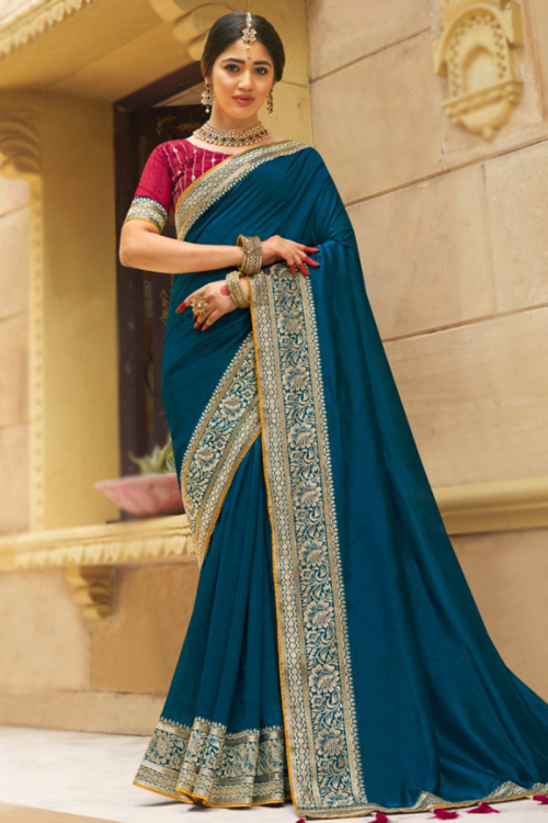 Sea Blue Lace Embroidered Silk Sangeet Saree 