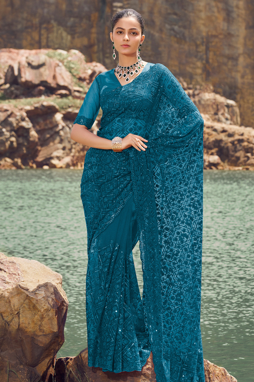 Sea Blue Net Embroidered Light Weight Saree for Festive Use
