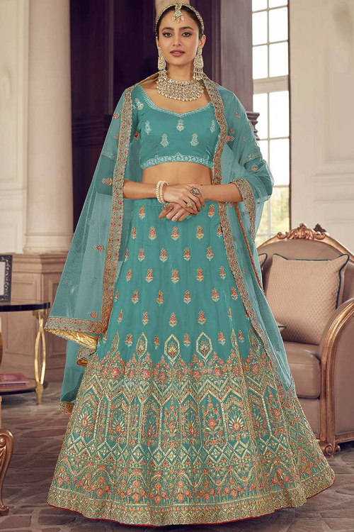 Sea Blue Organza Embroidered Lehenga