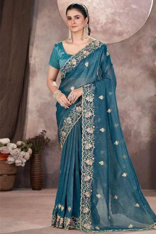 Sea Blue Organza Silk Embroidered Saree For Festival