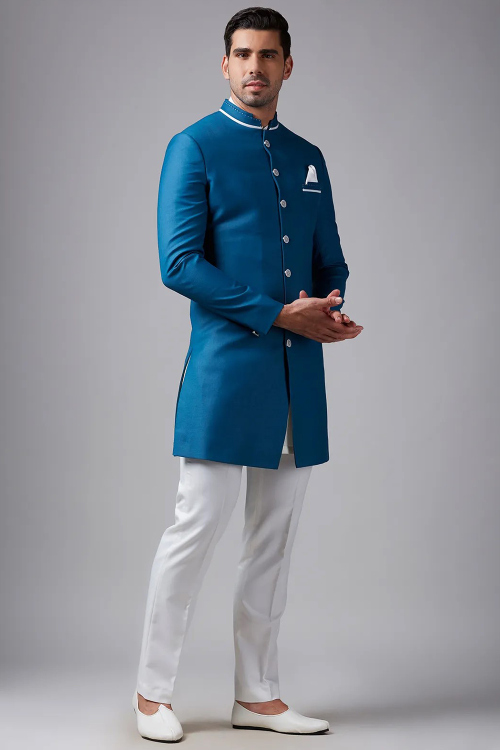 Sea Blue Plain Silk Jodhpuri Style Men's Sherwani