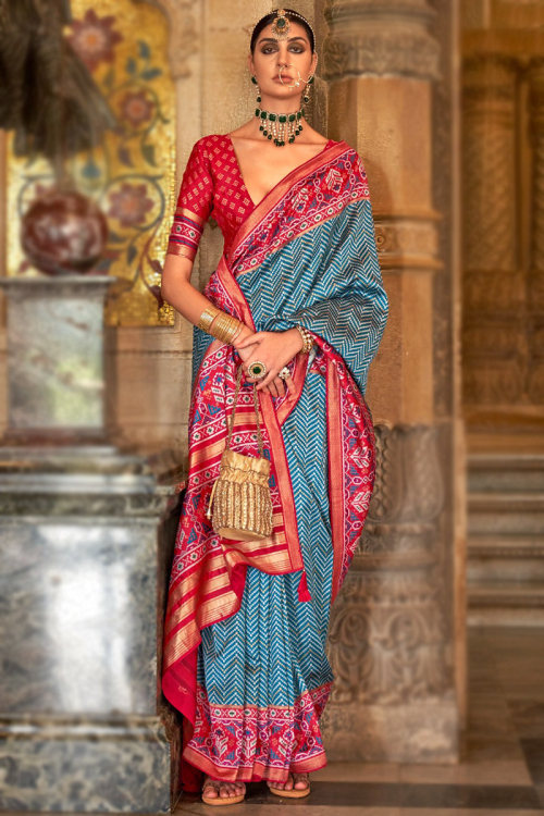 Sea Blue Printed Patola Silk Saree For Sangeet 