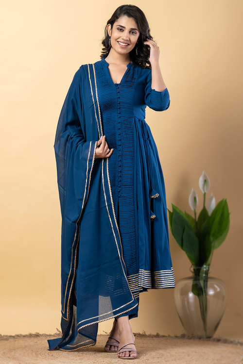 Sea Blue Rayon Gota Patti Front Slit Anarkali Suit