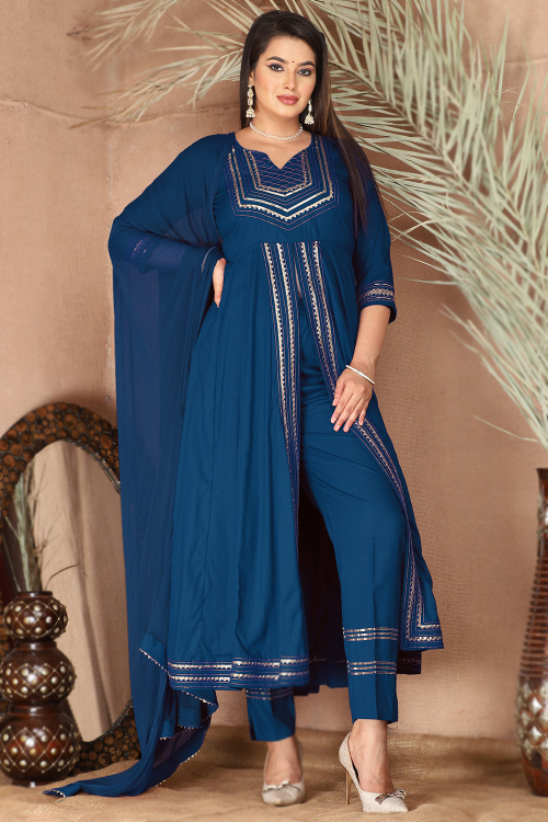 Sea Blue Rayon Gota Patti Front Slit Trouser Suit 
