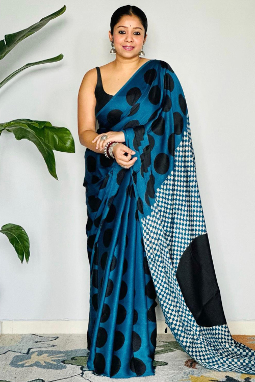 Sea Blue Satin Printed Polka Dot Saree For Casual Wear