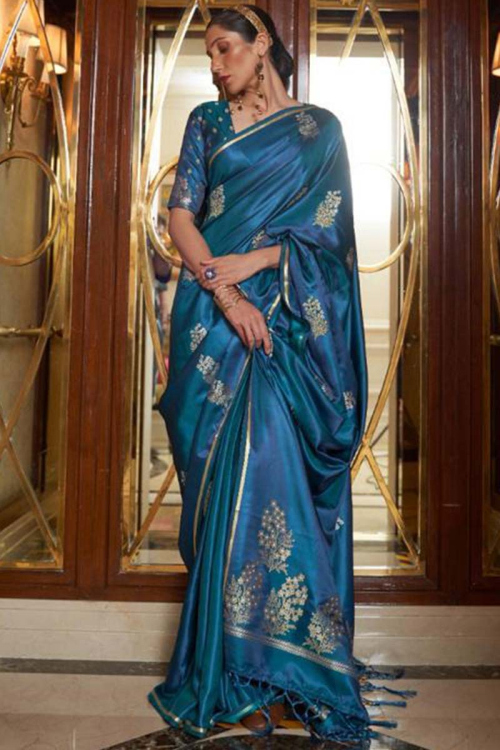 Dark Sea Blue Satin Silk Printed Saree